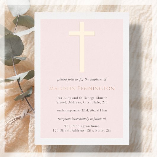 Blush Pink & Gold Cross Taufen Einladung