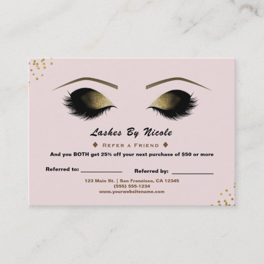 Blush Pink Gold Dots Lashes Empfehlungskarte (Vorderseite)