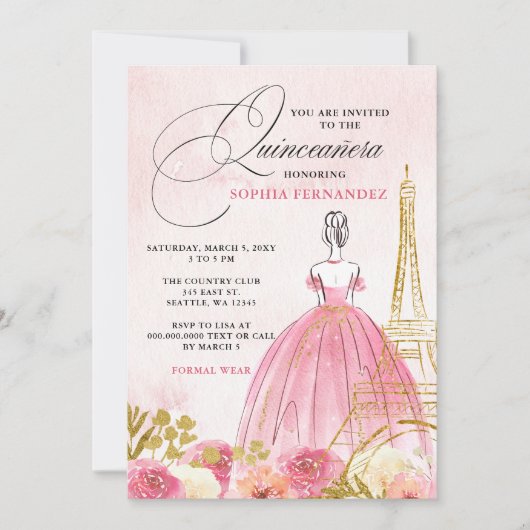Blush Pink Gold Eiffel Tower Paris Quinceañera Einladung (Vorderseite)