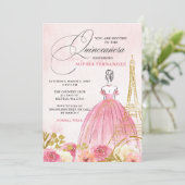 Blush Pink Gold Eiffel Tower Paris Quinceañera Einladung (Stehend Vorderseite)