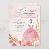 Blush Pink Gold Eiffel Tower Paris Quinceañera Einladung (Vorne/Hinten)
