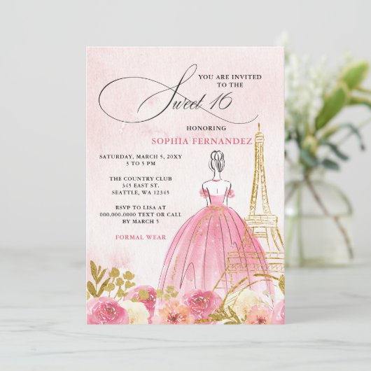 Blush Pink Gold Eiffelturm Paris Sweet 16 Einladung (Stehend Vorderseite)