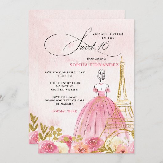 Blush Pink Gold Eiffelturm Paris Sweet 16 Einladung (Vorne/Hinten)
