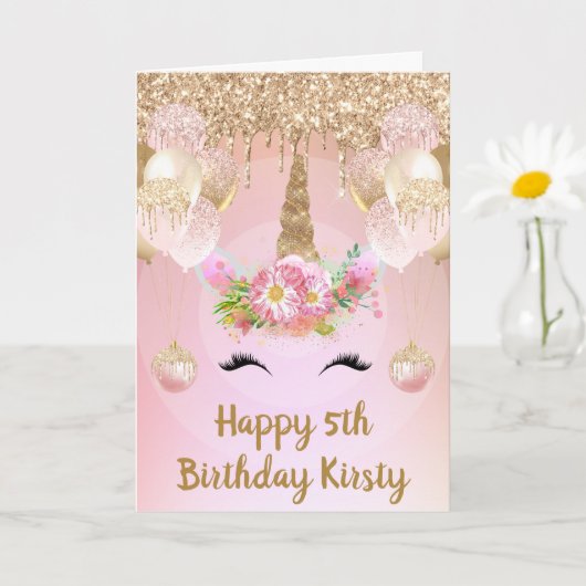 Blush Pink & Gold Einhorngesicht Geburtstag Karte (Kleine Pflanze)