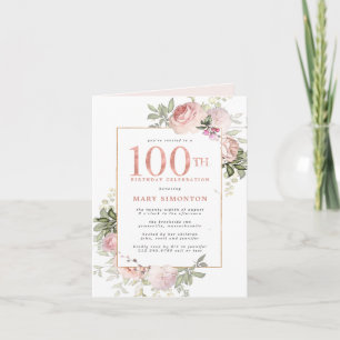 Blush Pink Gold Floral 100. Geburtstagsparty Einladung