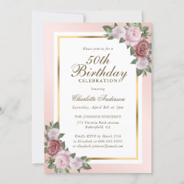 Blush Pink Gold Floral 50. Geburtstag Einladung
