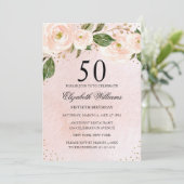 Blush Pink Gold Floral 50. Geburtstag Einladung (Stehend Vorderseite)