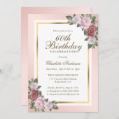 Blush Pink Gold Floral 60. Geburtstag Einladung (Vorne/Hinten)