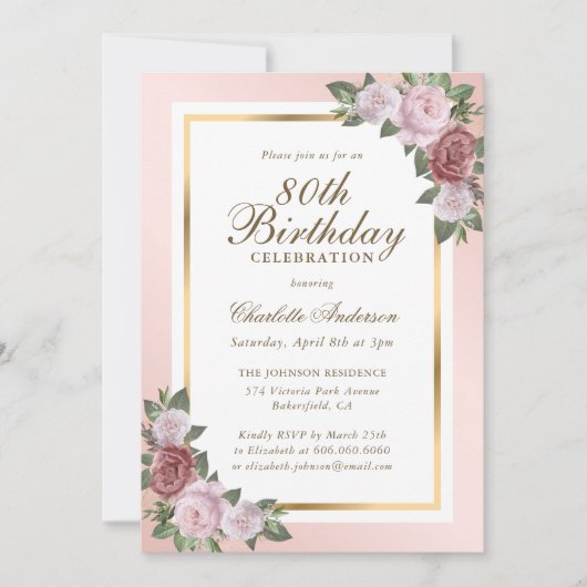 Blush Pink Gold Floral 80. Geburtstag Einladung (Vorderseite)