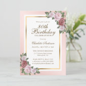 Blush Pink Gold Floral 80. Geburtstag Einladung (Stehend Vorderseite)