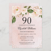 Blush Pink Gold Floral 90. Geburtstag Einladung (Vorne/Hinten)
