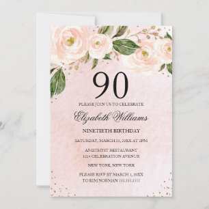 Blush Pink Gold Floral 90. Geburtstag Einladung