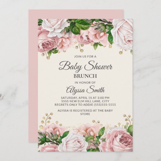 Blush Pink Gold Floral Baby Dusche Brunch Einladung (Vorne/Hinten)