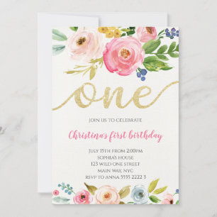 Blush Pink Gold Floral Baby Girl Erster Geburtstag Einladung