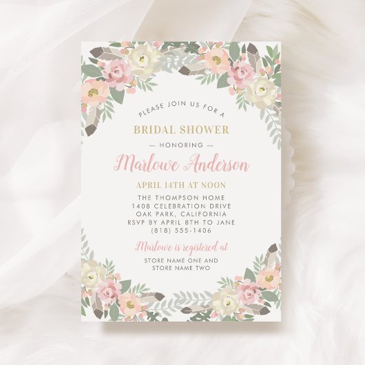 Blush Pink Gold Floral Boho Wedding Brautparty Einladung