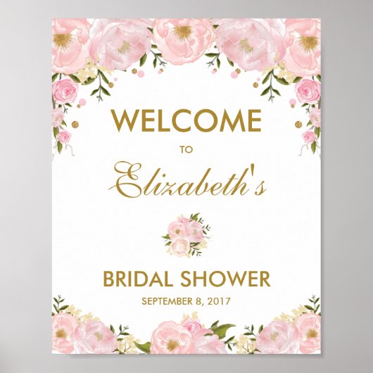 Blush Pink Gold Floral Brautparty Begrüßungszeiche Poster (Vorne)