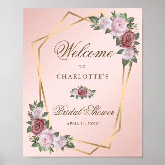 Blush Pink Gold Floral Brautparty Begrüßungszeiche Poster (Vorne)