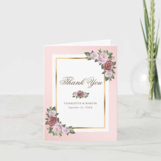 Blush Pink Gold Floral Danke Karte (Vorderseite)
