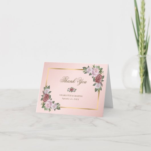 Blush Pink Gold Floral Danke Karte (Vorderseite)