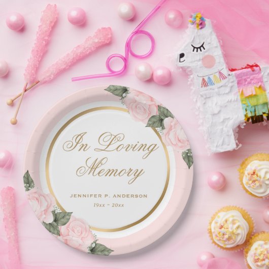 Blush Pink Gold Floral Gedenkfeier Beerdigung Pappteller (Party)