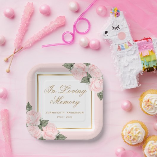 Blush Pink Gold Floral Gedenkfeier Beerdigung Pappteller (Party)