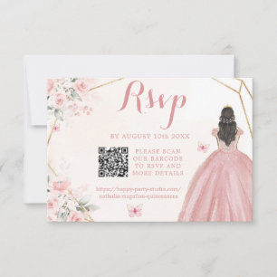 Blush Pink Gold Floral Girl Charra XV Años QR RSVP Karte