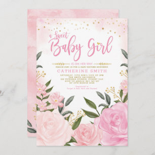 Blush Pink Gold Floral Greenerie Girl Babydusche Einladung