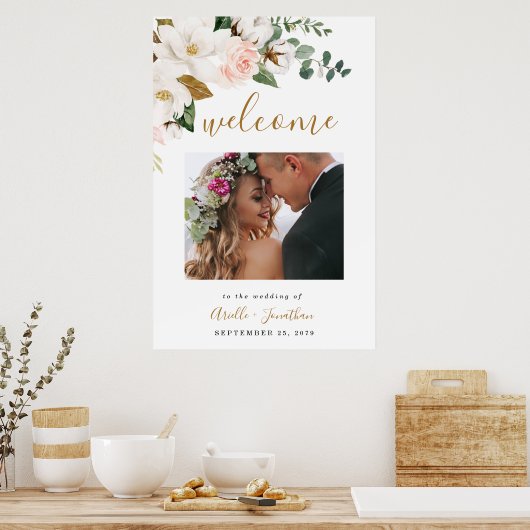 Blush Pink Gold Floral Hochzeit Begrüßung Foto Zei Poster (Küche)