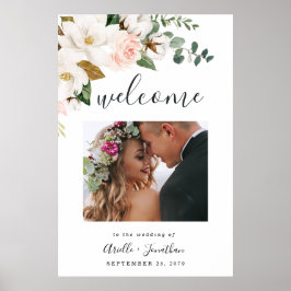 Blush Pink Gold Floral Hochzeit Begrüßung Foto Zei Poster
