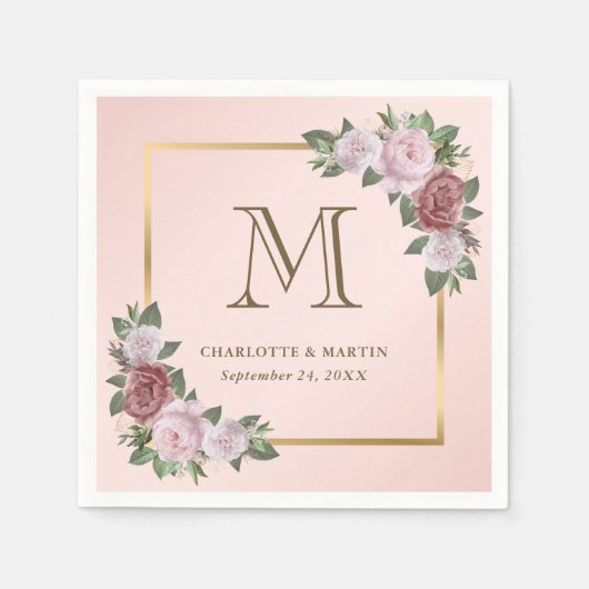 Blush Pink Gold Floral Monogram Wedding Serviette (Vorderseite)