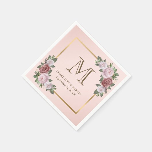 Blush Pink Gold Floral Monogram Wedding Serviette (Ecke)