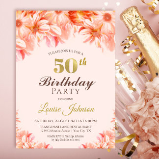 Blush Pink Gold Floral Party zum 50. Geburtstag Einladung