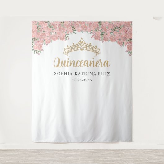 Blush Pink Gold Floral Quinceanera Foto Hintergrun Wandteppich (Vorderseite)