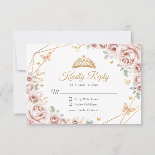 Blush Pink Gold Floral Quinceanera Reply RSVP Karte (Vorderseite)