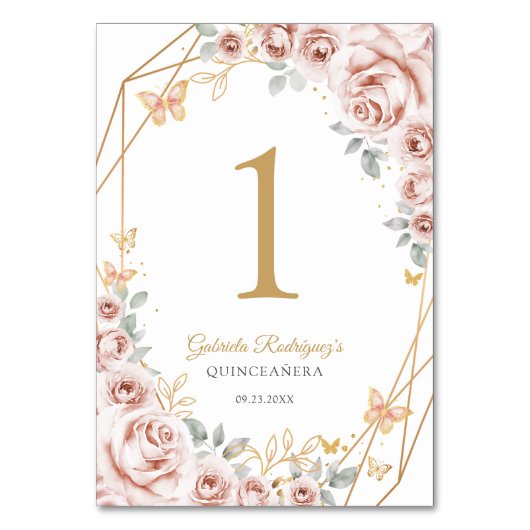 Blush Pink Gold Floral Quinceanera Tischnummer (Vorderseite)