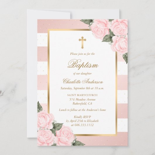 Blush Pink Gold Floral Taufe Einladung (Vorderseite)