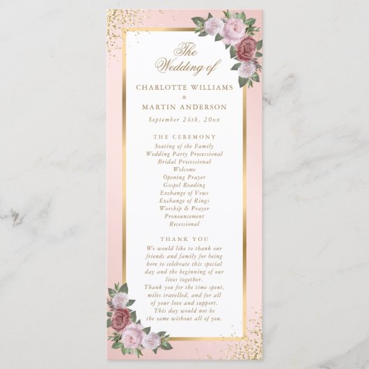 Blush Pink Gold Floral Wedding Programm (Vorderseite)