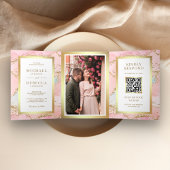 Blush Pink Gold Foil Agate Marble QR Code Wedding Dreifach Gefaltete Einladung