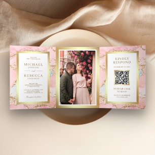 Blush Pink Gold Foil Agate Marble QR Code Wedding Dreifach Gefaltete Einladung