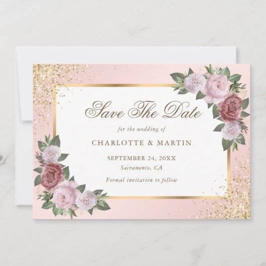 Blush Pink Gold Frame Blumenzehen Save The Date (Vorderseite)
