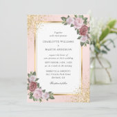 Blush Pink Gold Frame Confetti Bloral Wedding Einladung (Stehend Vorderseite)