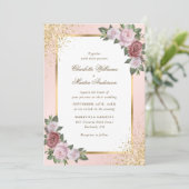 Blush Pink Gold Frame Confetti Bloral Wedding Einladung (Stehend Vorderseite)