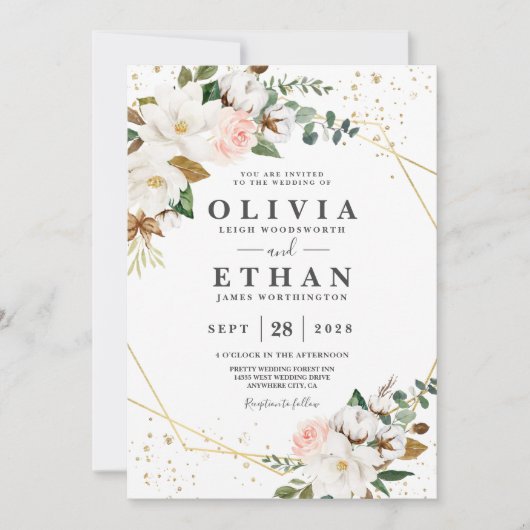 Blush Pink Gold Geometrie und White Magnolia Flora Einladung (Vorderseite)