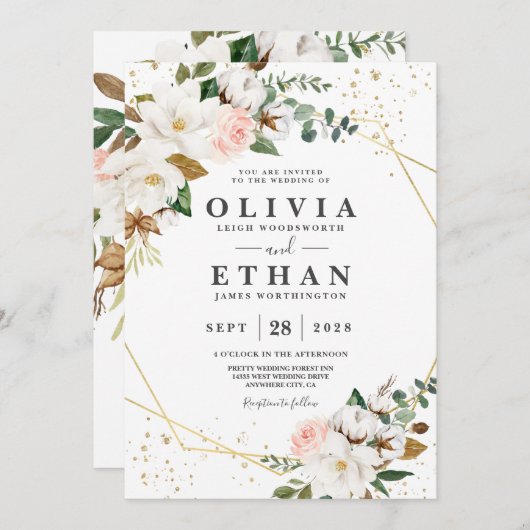 Blush Pink Gold Geometrie und White Magnolia Flora Einladung (Vorne/Hinten)