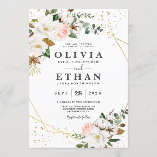 Blush Pink Gold Geometrie und White Magnolia Flora Einladung