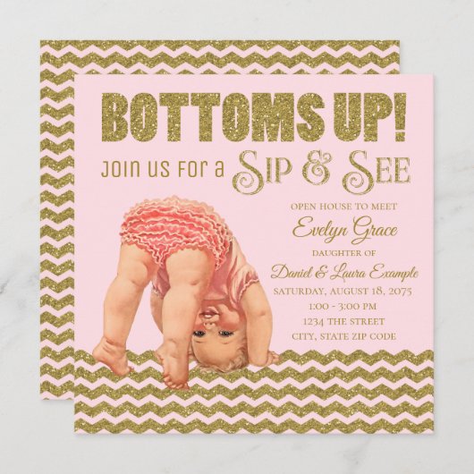 Blush Pink Gold Girls Sip und Einladung (Vorne/Hinten)