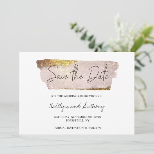Blush Pink & Gold Glam Script Save The Date (Stehend Vorderseite)