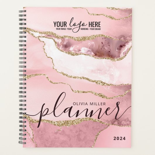 Blush Pink Gold Glitzer Agate Business Logo 2024 Planer (Vorderseite)