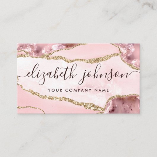 Blush Pink Gold Glitzer Agate Marble Girl Script Visitenkarte (Vorderseite)