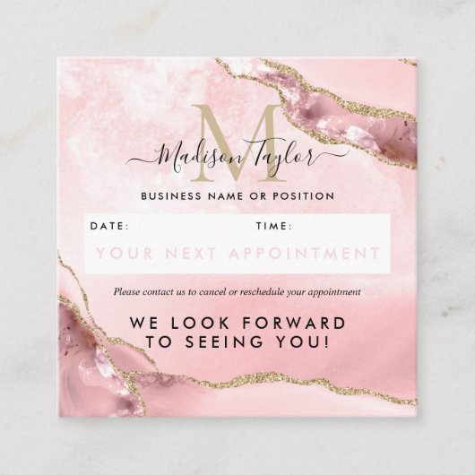 Blush Pink Gold Glitzer Agate Marble Monogram Nied Terminkarte (Vorderseite)